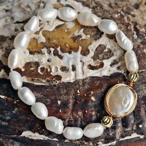 New Cultured Pearl 18k Gold Plated Silver Beaded Stretch Bracelet